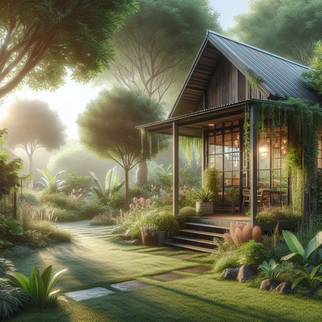 Einsames Haus in einem üppigen, sonnendurchfluteten Garten mit Bäumen und Pflanzen umgeben.