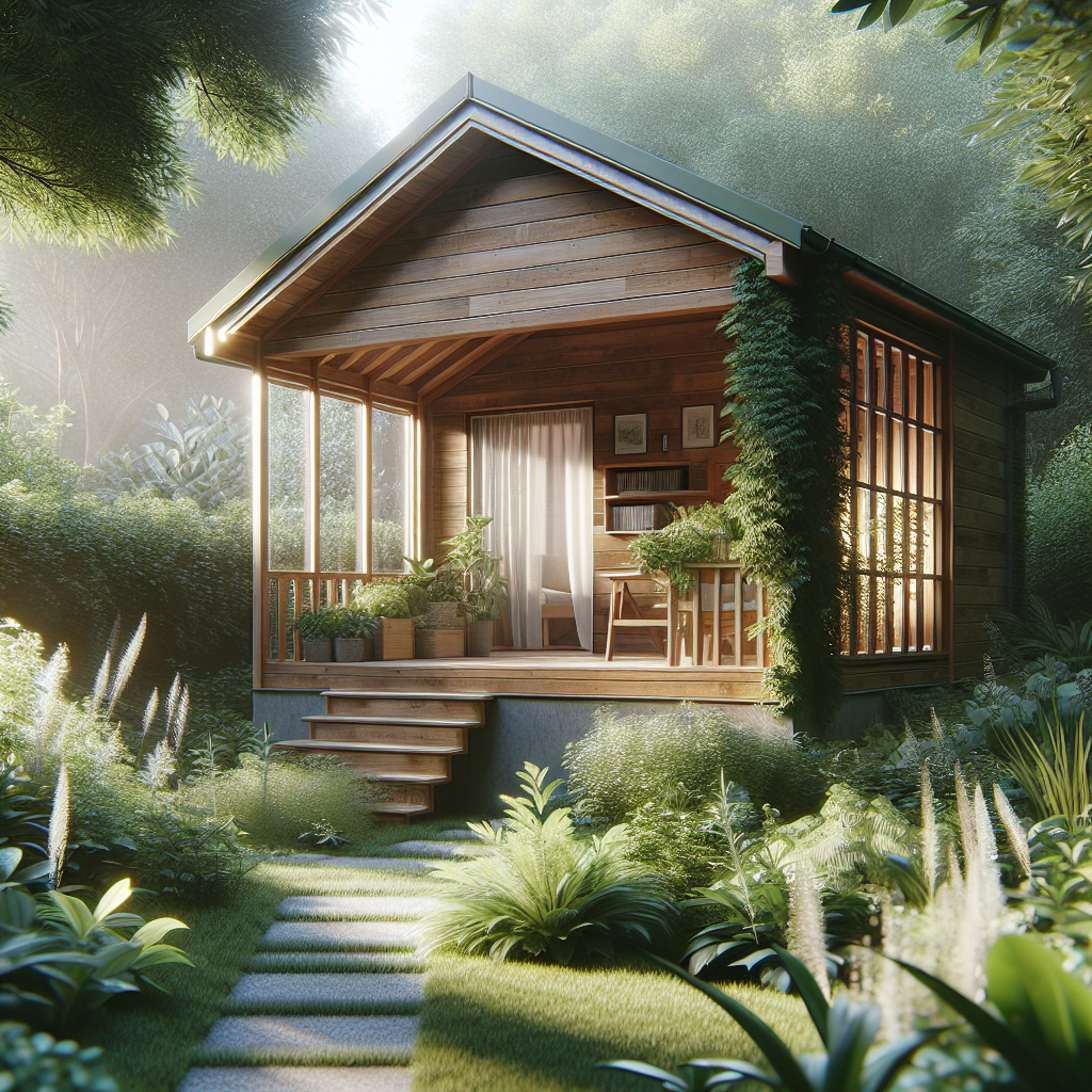 Ein Holzhaus in einem üppigen Garten mit Terrassenpflanzen, Treppe und von Sonnenlicht beleuchtet.