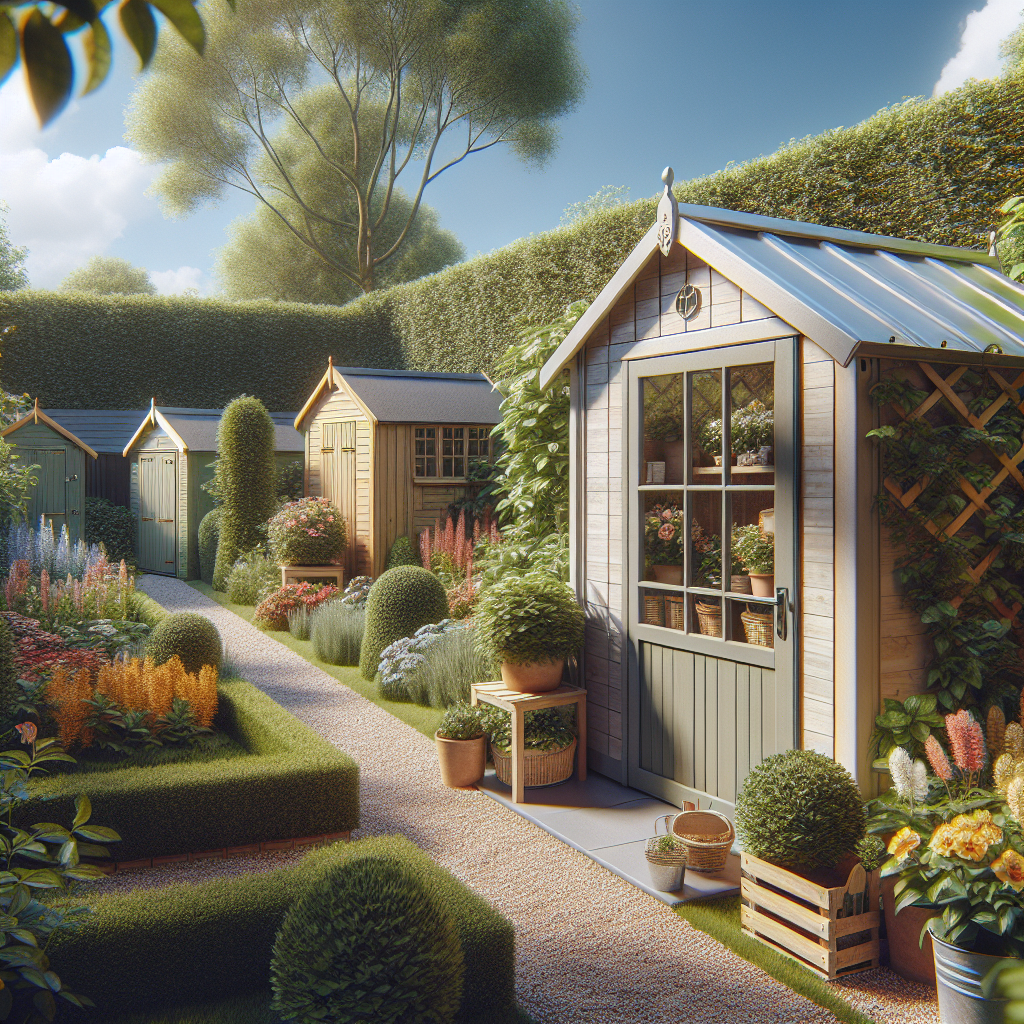 Ein Garten mit Schuppen, Blumen, Büschen und einem Kiesweg unter einem blauen Himmel.