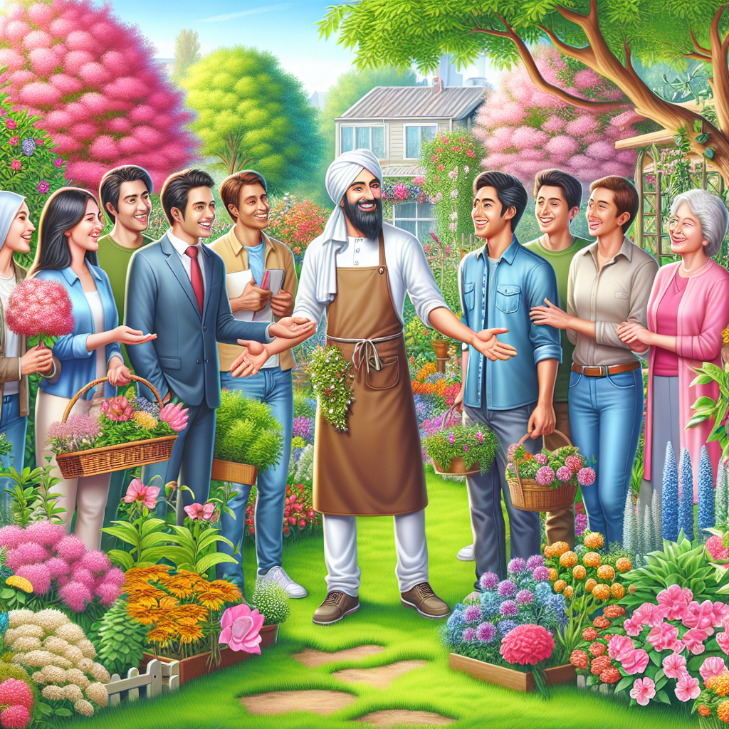 Eine Gruppe von Menschen steht in einem blühenden Garten mit einem Gärtner in der Mitte, voller bunter Blumen.