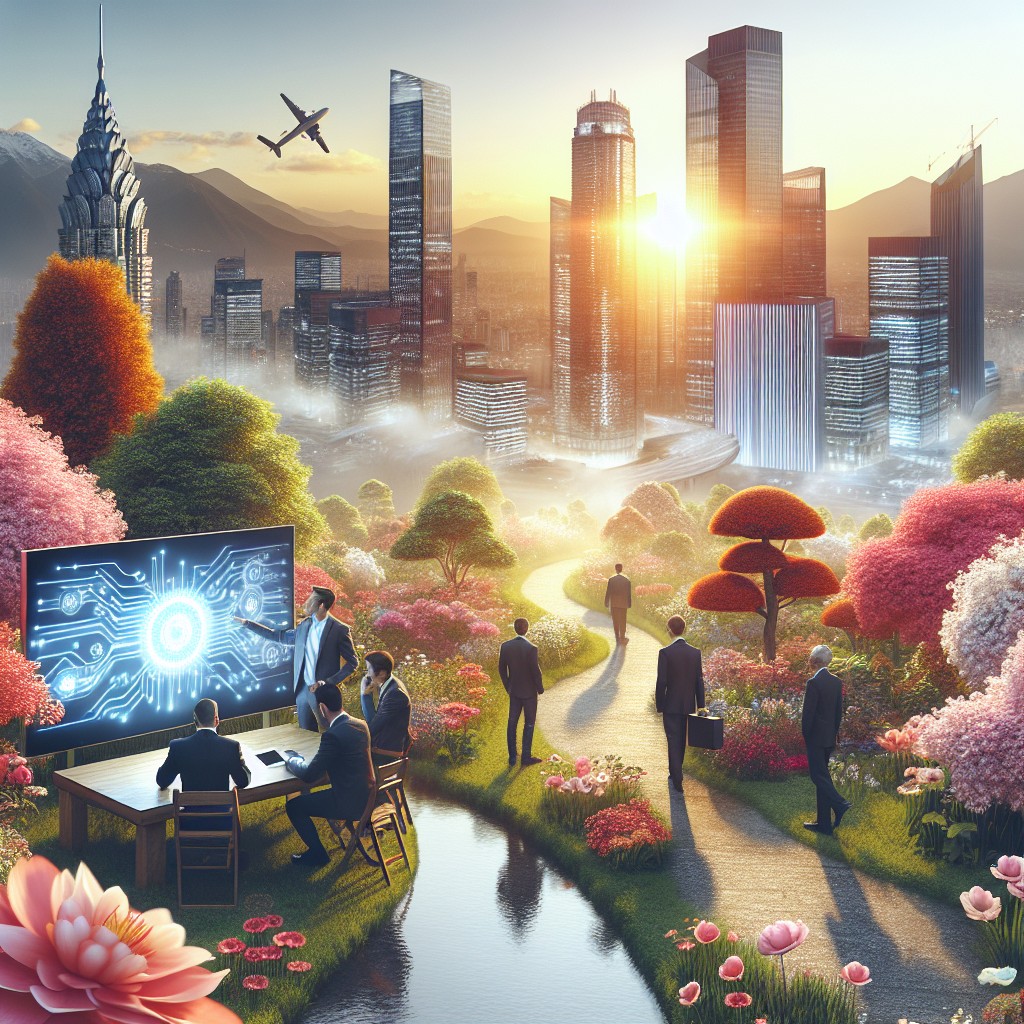 Futuristische Stadt mit Wolkenkratzern, Garten, Geschäftsmännern und digitalem Display. Flugzeug am Himmel.