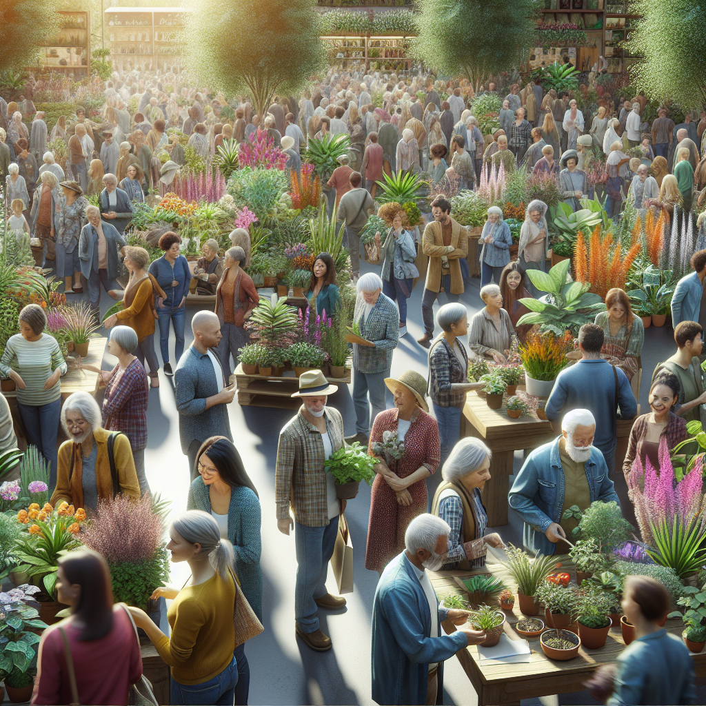 Eine belebte Gartenschau mit vielen Menschen, die Pflanzen und Blumen in einer sonnigen Umgebung bewundern.