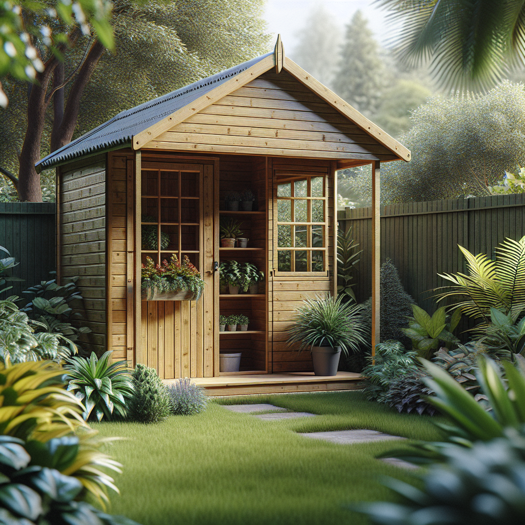 Holzhütte im Garten, umgeben von Pflanzen und Rasen. Fensterkästen und Topfpflanzen schmücken die Hütte.