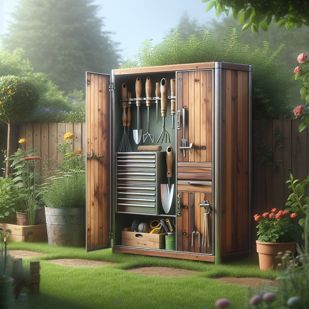 Ein Holzschrank im Garten, voll mit Werkzeugen wie Schaufeln, Rechen und Scheren. Blumen und Büsche ringsum.