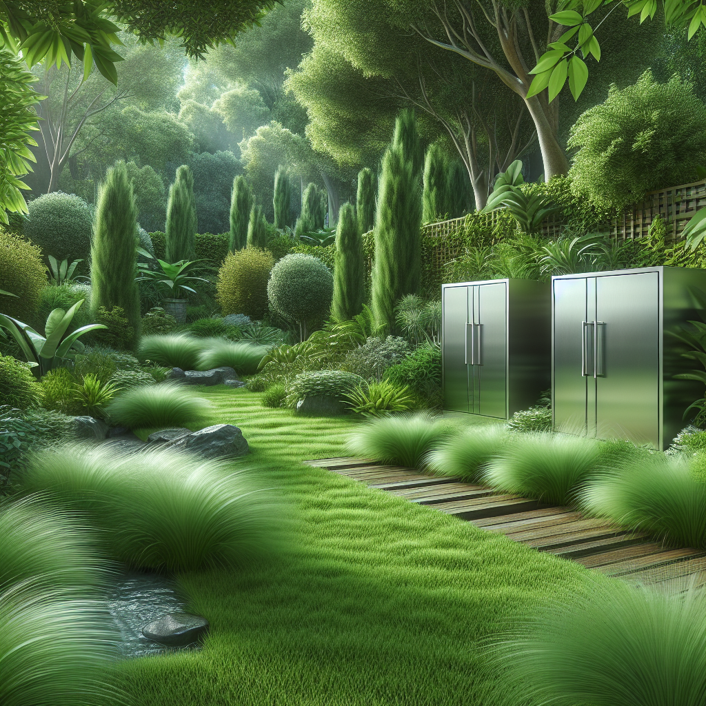 Ein grüner Garten mit dichtem Laubwerk, Gräsern, einem kleinen Bach und zwei modernen Metallschränken.