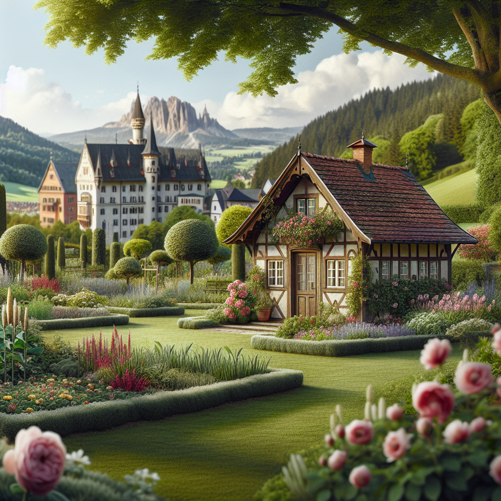 Ein idyllisches Fachwerkhaus im Garten mit Blumen, Burg und Bergen im Hintergrund.