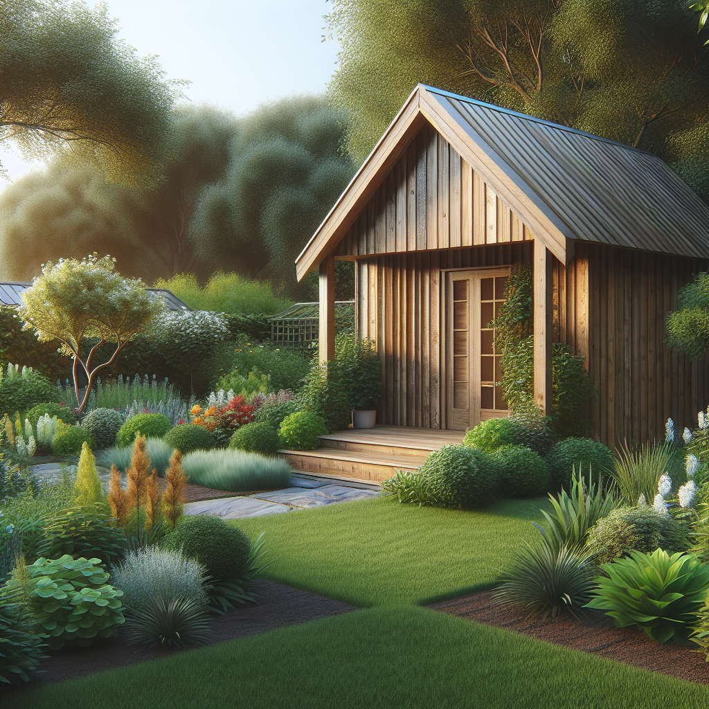 Ein Holzhaus im Garten, umgeben von üppigen Pflanzen und gepflegtem Rasen.