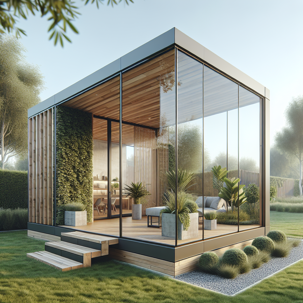 Ein modernes Gartenbüro mit Glaswänden, Pflanzen, Holzdekor und gemütlicher Einrichtung in einer ruhigen Gartenlandschaft.