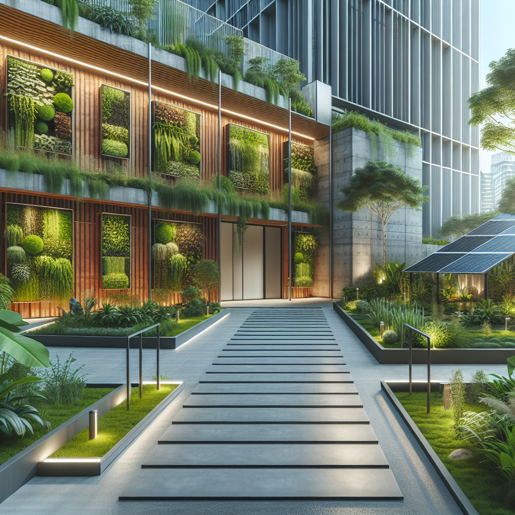 Grüner moderner Eingang mit vertikalen Gärten, Weg und Solarzellen, umgeben von Hochhäusern.