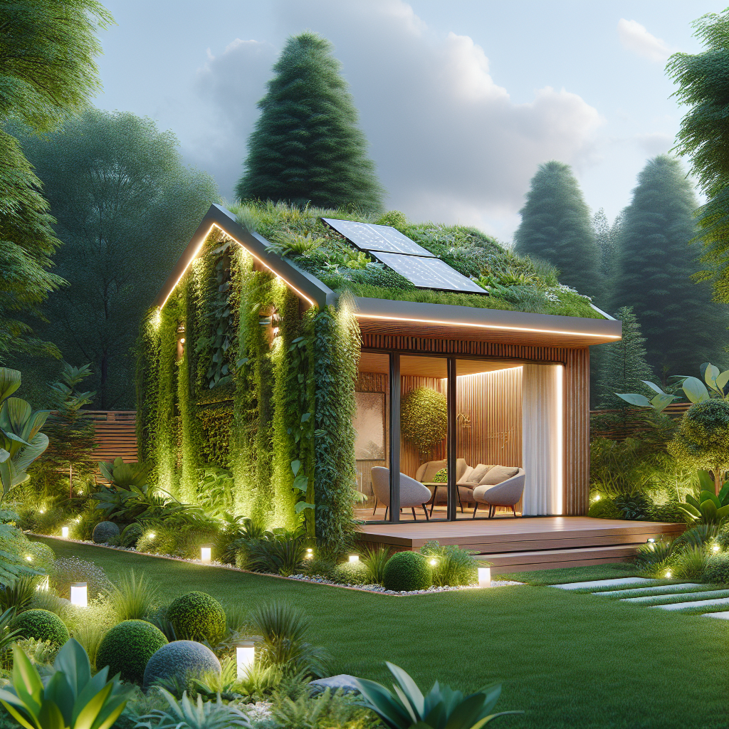 Ein modernes, begrüntes Gartenhaus mit Solarpanelen und stilvollem Beleuchtung in einem üppigen Garten.