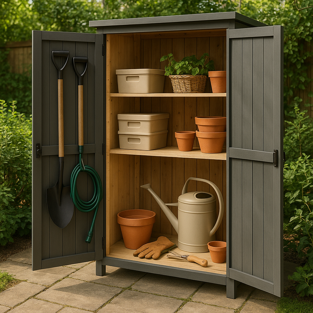 Gartenschrank mit Schaufeln, Gartenschlauch, Töpfen, Gießkanne, Handschuhen, Körben und Lagerboxen.