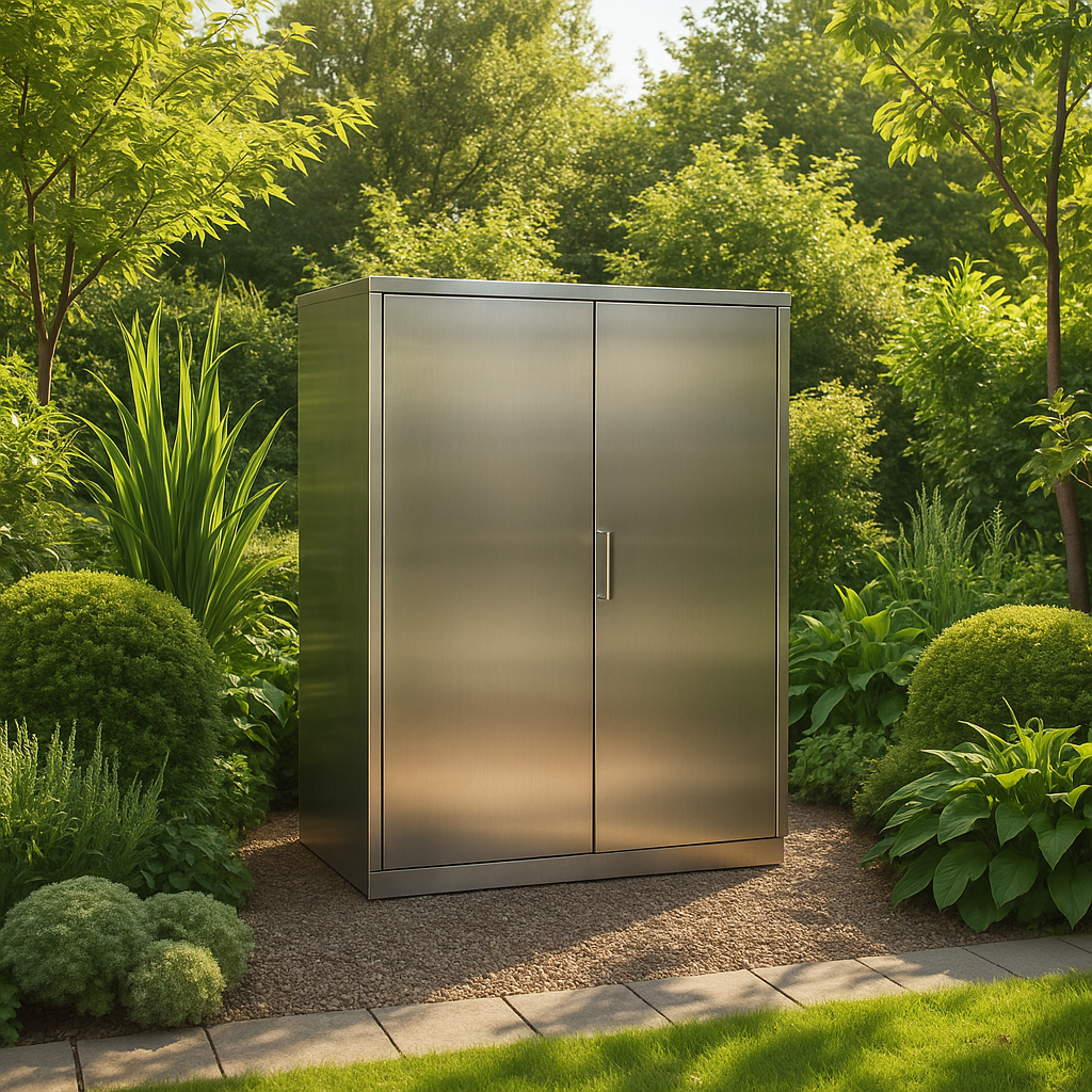 Ein Metallschrank steht in einem grünen Garten, umgeben von Bäumen und Sträuchern auf einem Kiesweg.